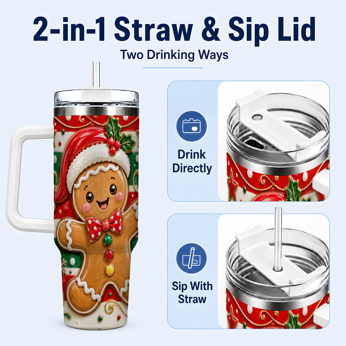 #pl[40oz|White] Gingerbread Christmas 40oz Tumbler with Handle, Holiday Travel Cup