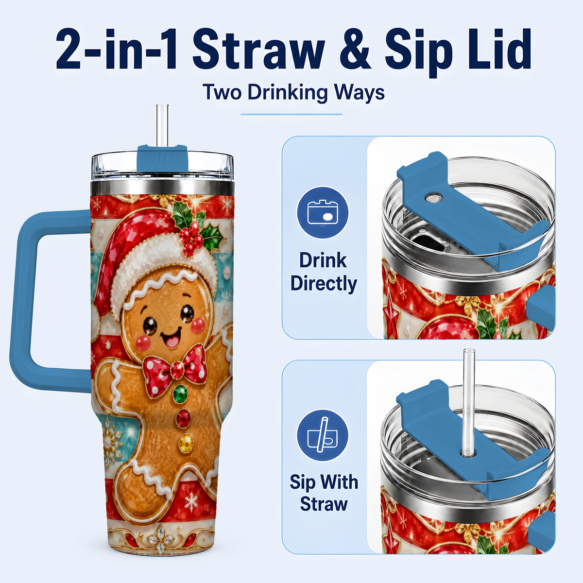 #pl[40oz|Blue] Gingerbread 40oz Tumbler, Christmas Tumbler, Stainless Steel Travel Cup