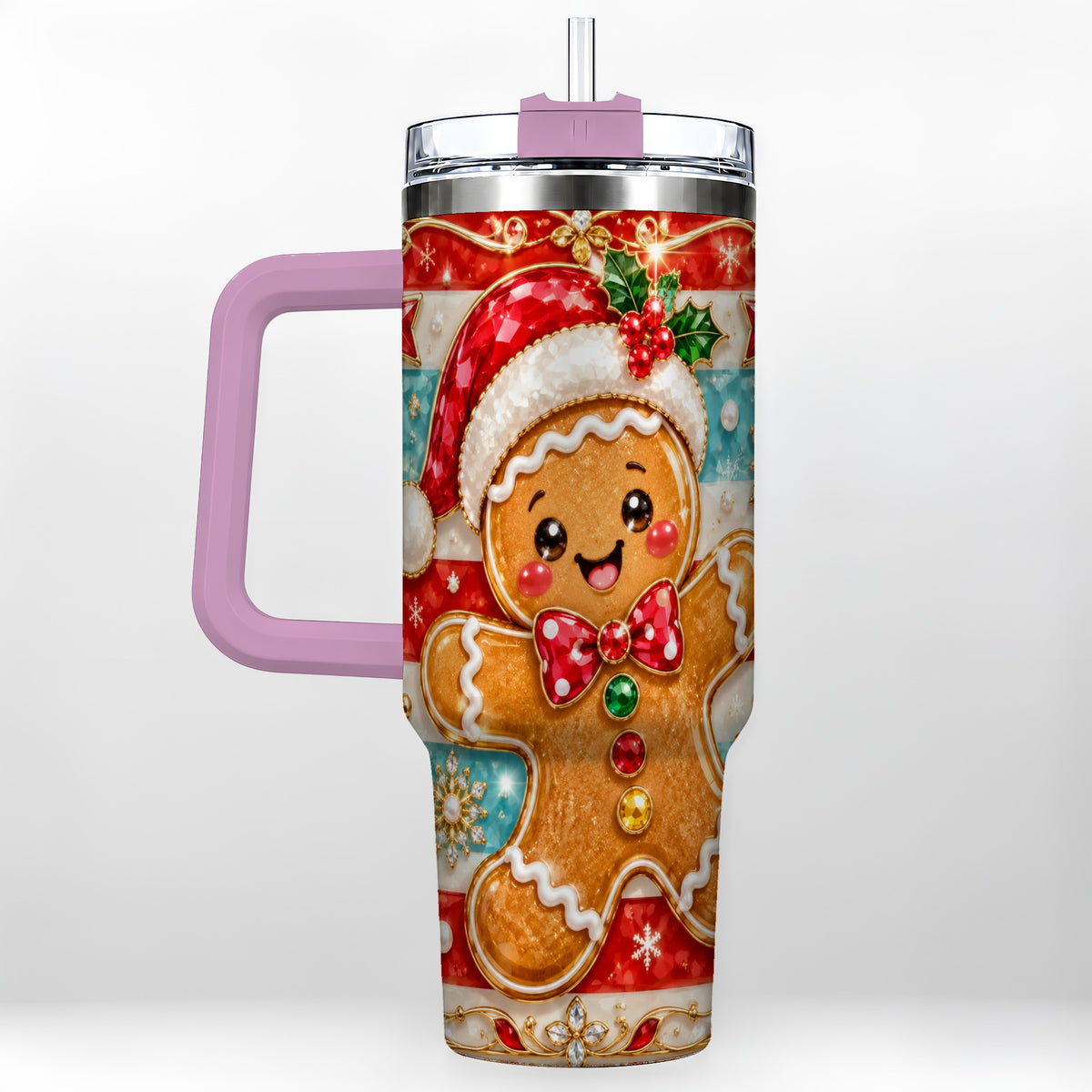 #pl[40oz|Pink] Gingerbread 40oz Tumbler, Christmas Tumbler, Stainless Steel Travel Cup
