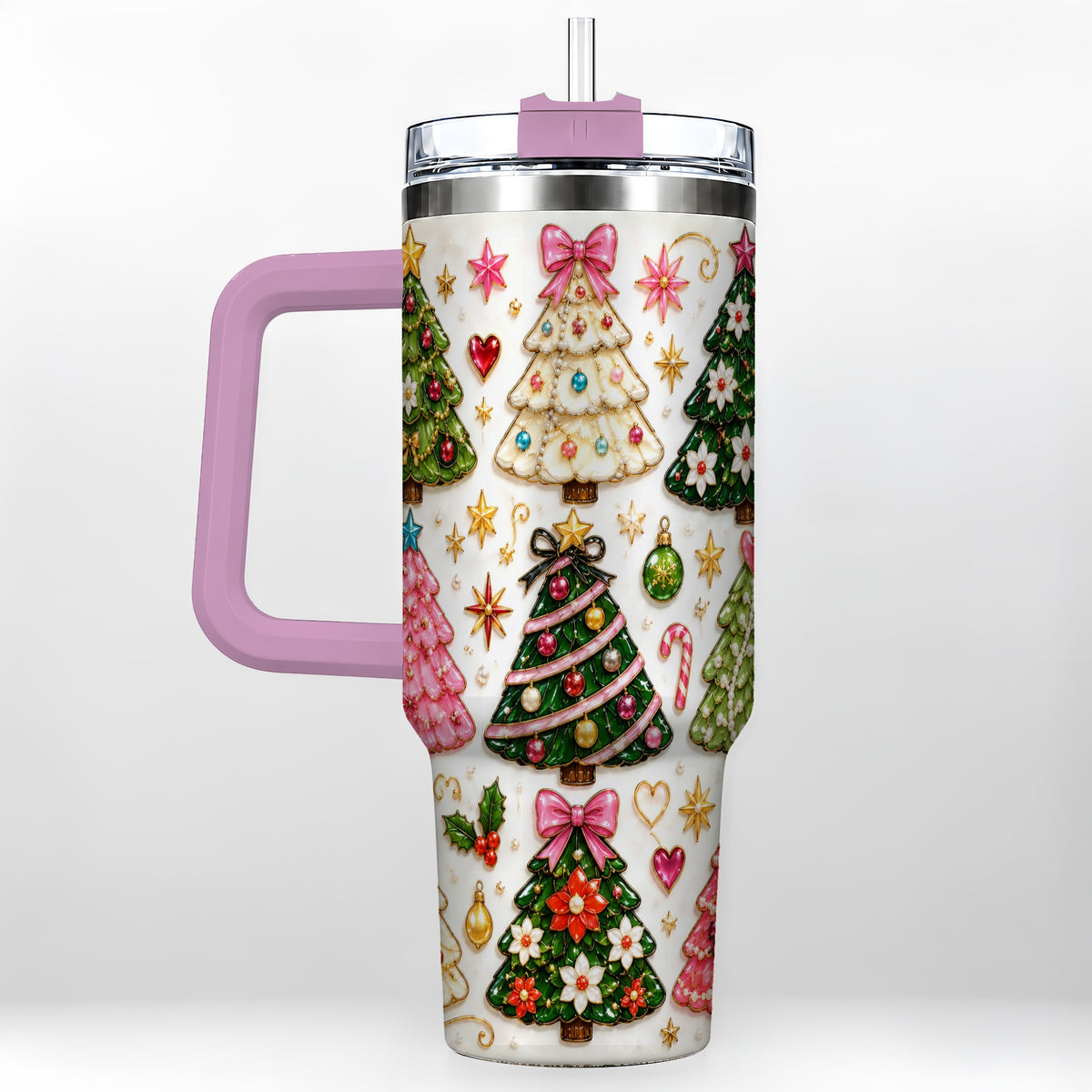 #pl[40oz|Pink] Festive Tree 40oz Tumbler, Christmas Tumbler, Stainless Steel Travel Cup