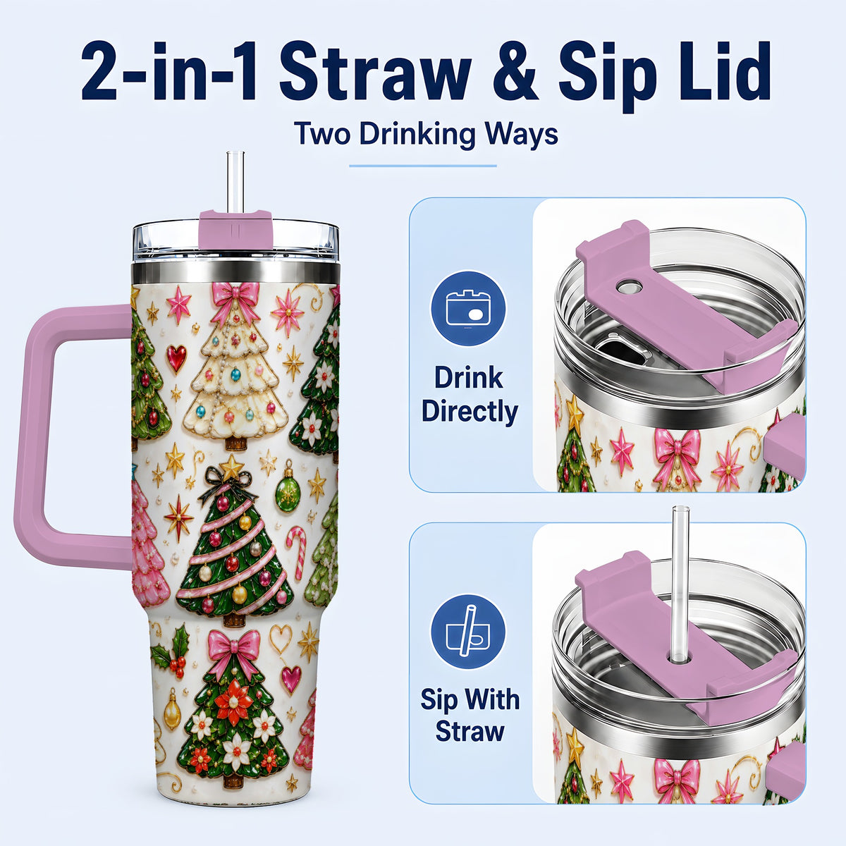 #pl[40oz|Pink] Festive Tree 40oz Tumbler, Christmas Tumbler, Stainless Steel Travel Cup