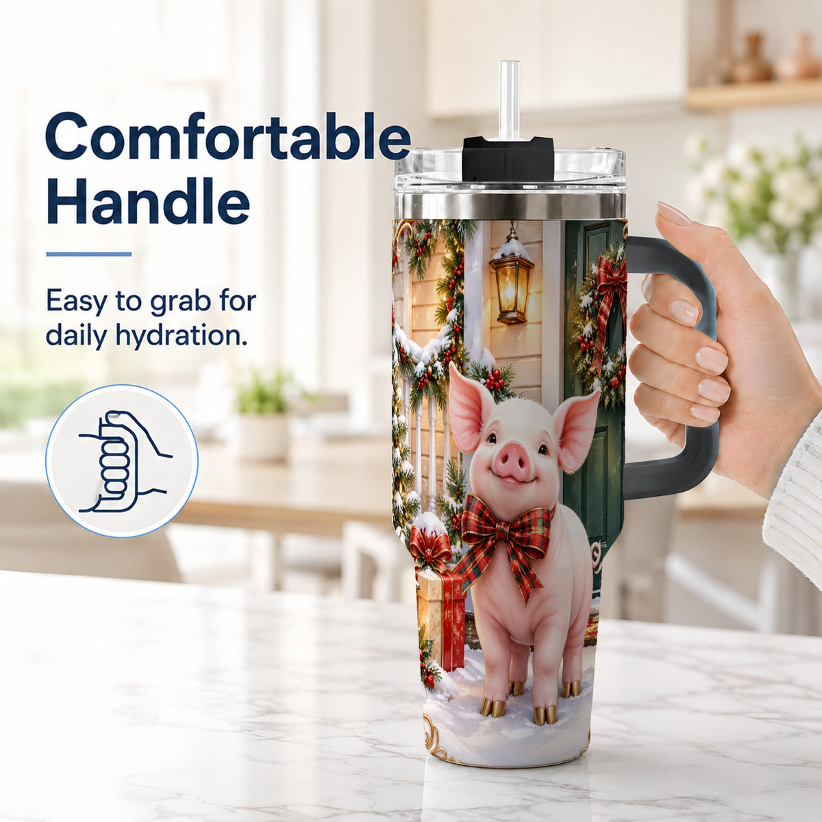 #pl[40oz|Black] Christmas Pig 40oz Tumbler, Holiday Tumbler, Stainless Steel Travel Cup