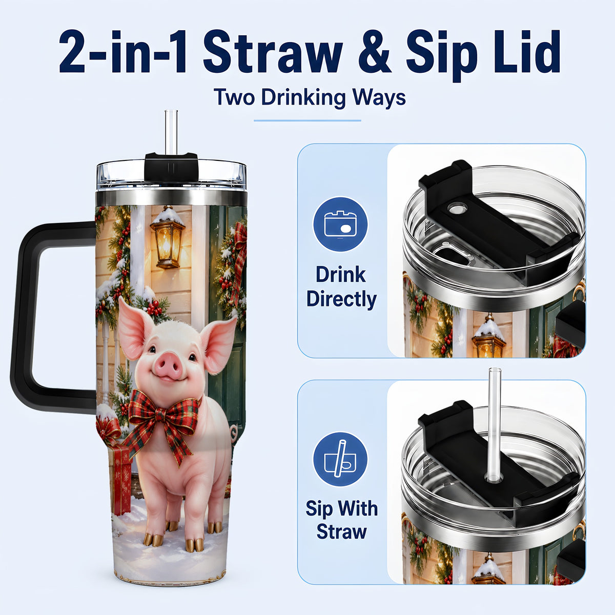 #pl[40oz|Black] Christmas Pig 40oz Tumbler, Holiday Tumbler, Stainless Steel Travel Cup