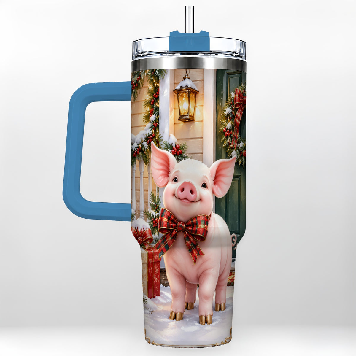 #pl[40oz|Blue] Christmas Pig 40oz Tumbler, Holiday Tumbler, Stainless Steel Travel Cup