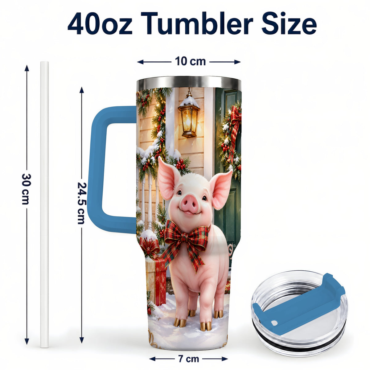 #pl[40oz|Blue] Christmas Pig 40oz Tumbler, Holiday Tumbler, Stainless Steel Travel Cup