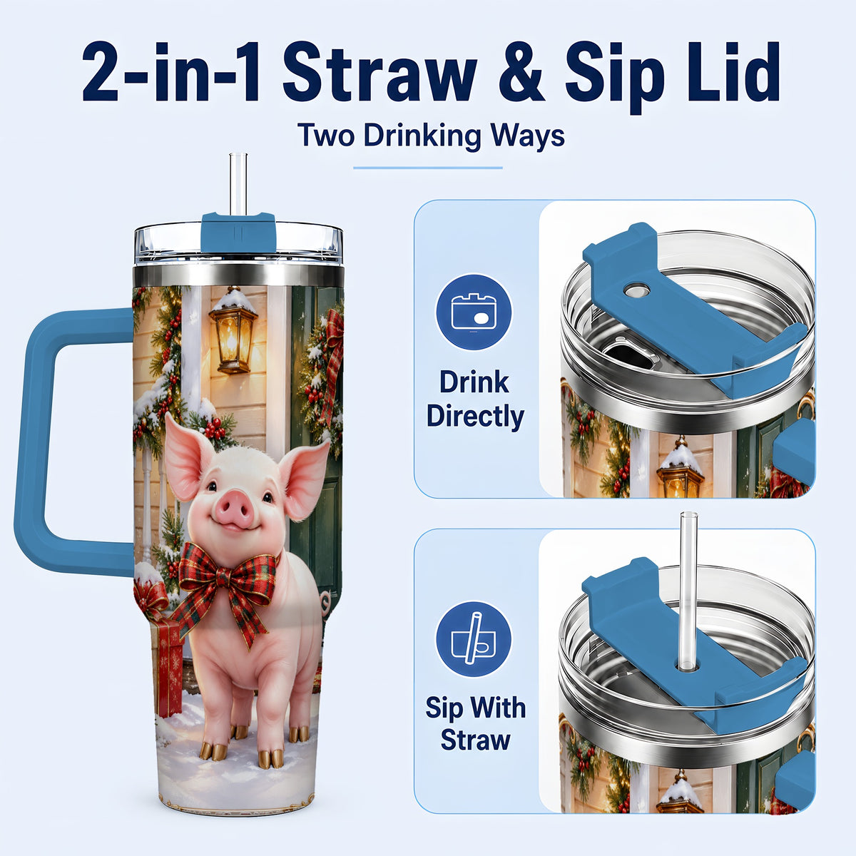 #pl[40oz|Blue] Christmas Pig 40oz Tumbler, Holiday Tumbler, Stainless Steel Travel Cup