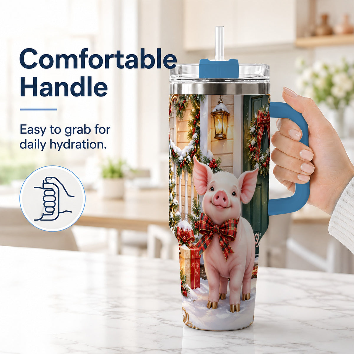 #pl[40oz|Blue] Christmas Pig 40oz Tumbler, Holiday Tumbler, Stainless Steel Travel Cup