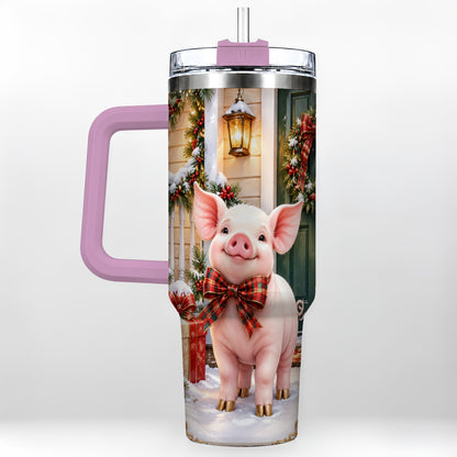 #pl[40oz|Pink] Christmas Pig 40oz Tumbler, Holiday Tumbler, Stainless Steel Travel Cup