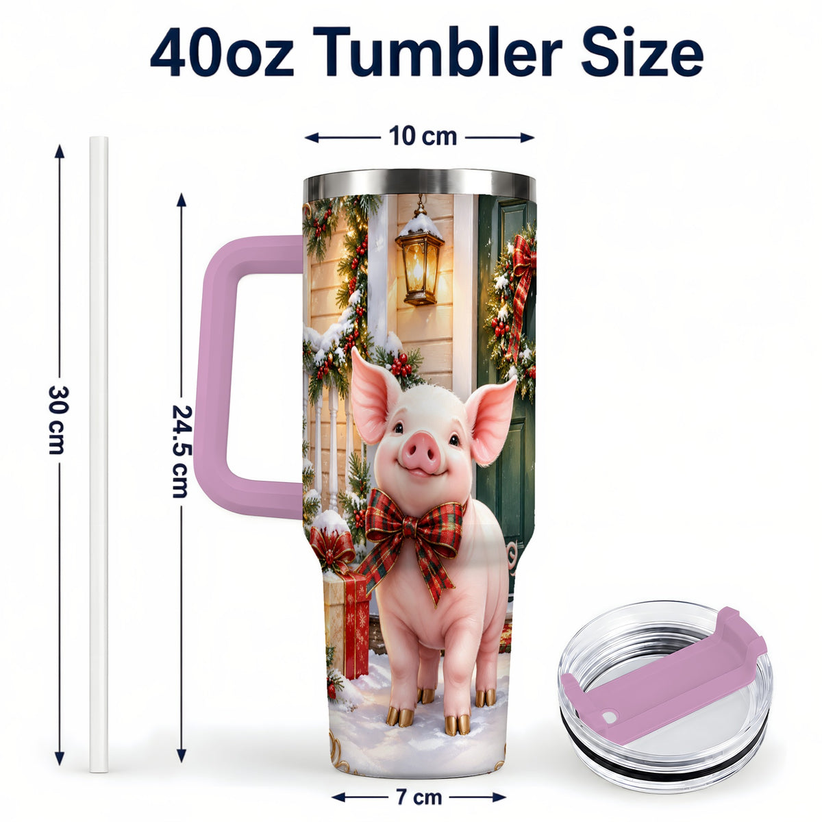 #pl[40oz|Pink] Christmas Pig 40oz Tumbler, Holiday Tumbler, Stainless Steel Travel Cup