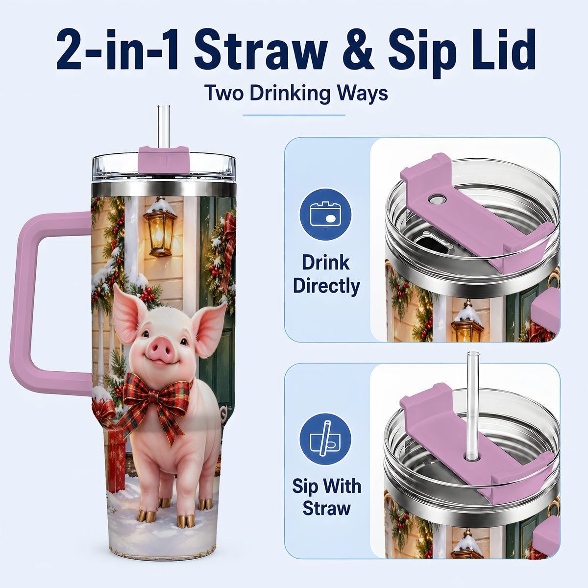 #pl[40oz|Pink] Christmas Pig 40oz Tumbler, Holiday Tumbler, Stainless Steel Travel Cup