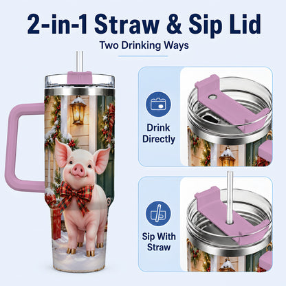 #pl[40oz|Pink] Christmas Pig 40oz Tumbler, Holiday Tumbler, Stainless Steel Travel Cup