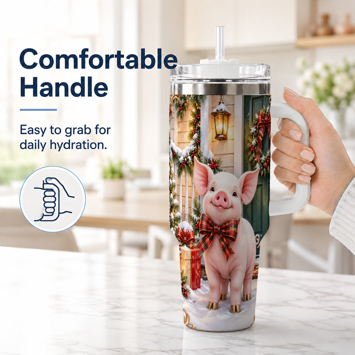 #pl[40oz|White] Christmas Pig 40oz Tumbler, Holiday Tumbler, Stainless Steel Travel Cup