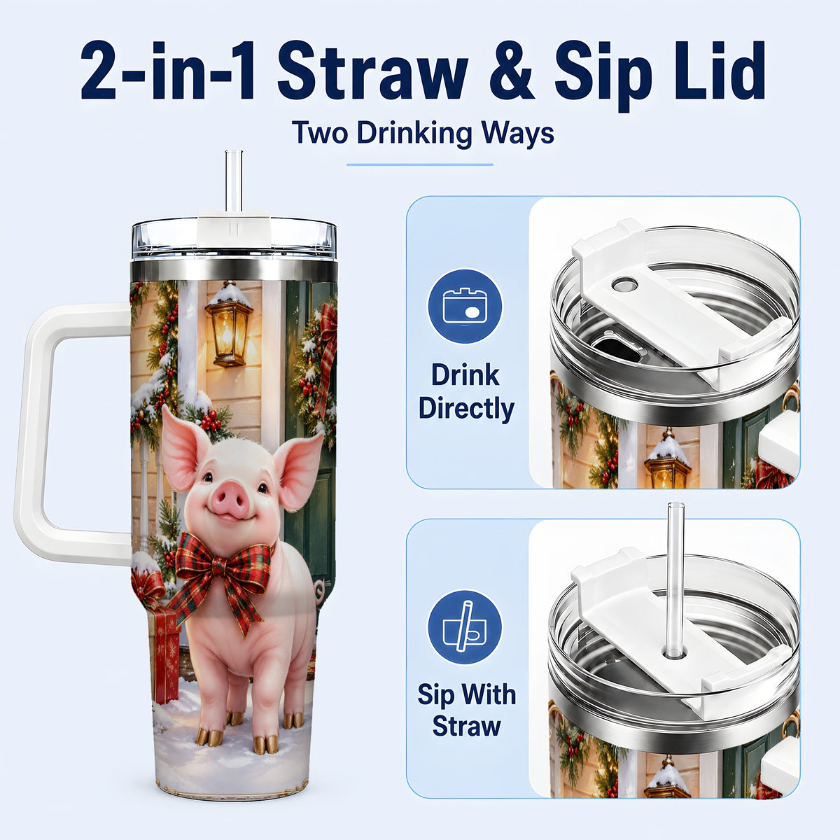 #pl[40oz|White] Christmas Pig 40oz Tumbler, Holiday Tumbler, Stainless Steel Travel Cup