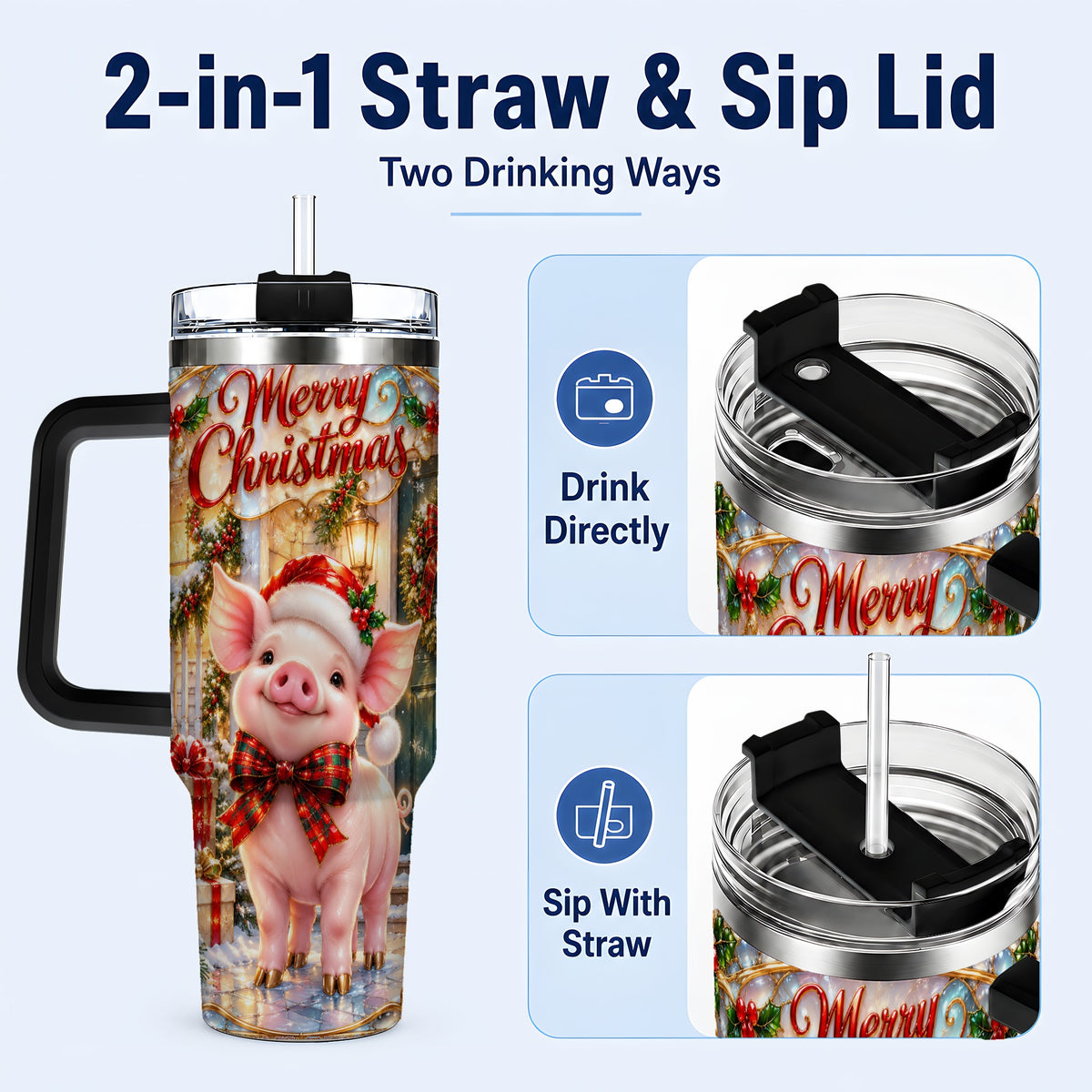 #pl[40oz|Black] Christmas Pig 40oz Tumbler, Holiday Tumbler, Stainless Steel Travel Cup