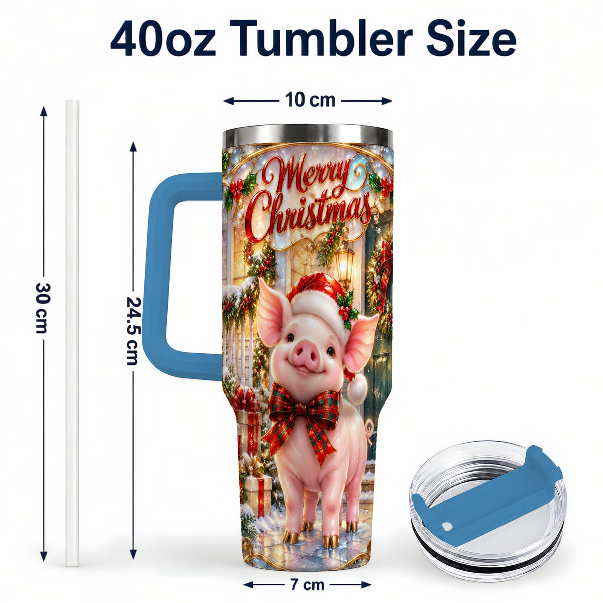#pl[40oz|Blue] Christmas Pig 40oz Tumbler, Holiday Tumbler, Stainless Steel Travel Cup