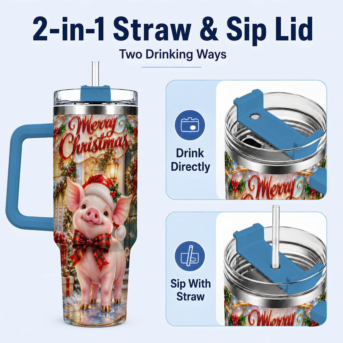 #pl[40oz|Blue] Christmas Pig 40oz Tumbler, Holiday Tumbler, Stainless Steel Travel Cup