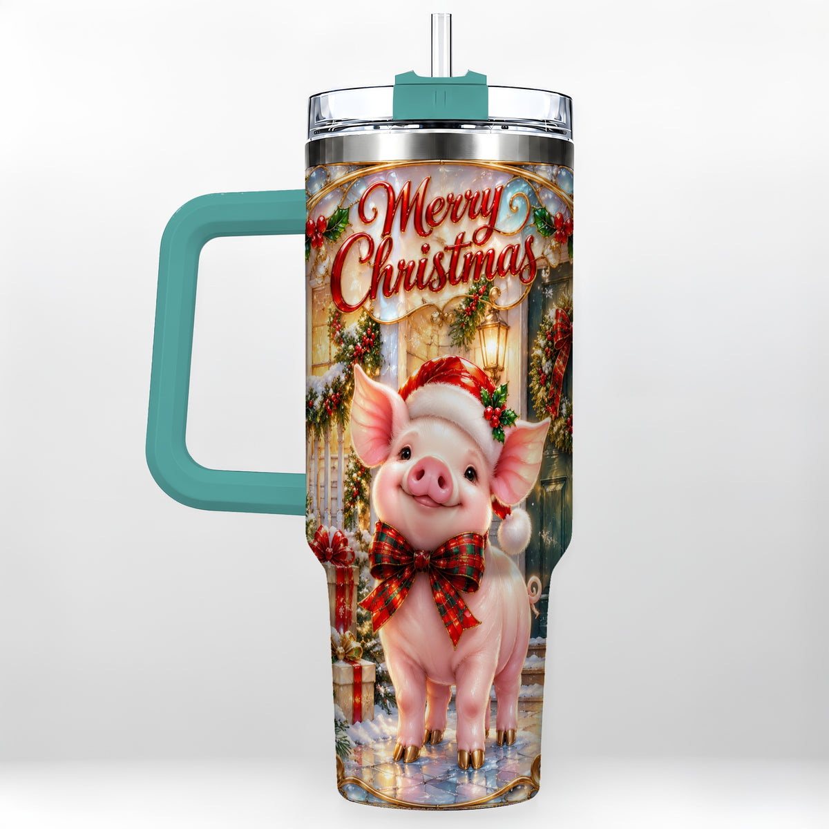#pl[40oz|Green] Christmas Pig 40oz Tumbler, Holiday Tumbler, Stainless Steel Travel Cup