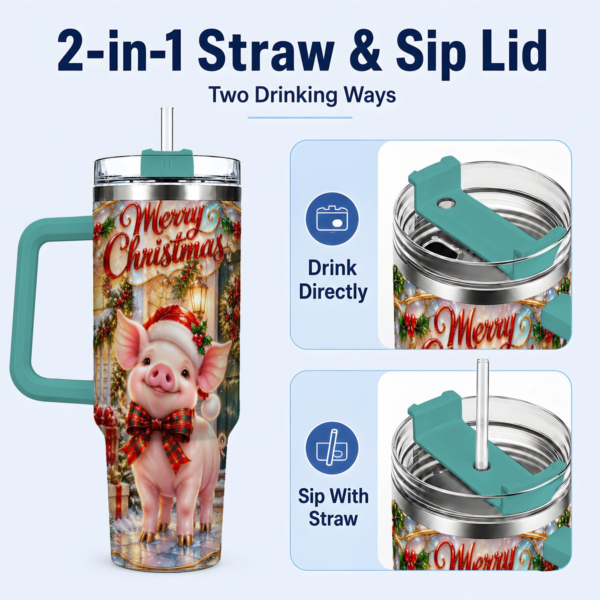 #pl[40oz|Green] Christmas Pig 40oz Tumbler, Holiday Tumbler, Stainless Steel Travel Cup