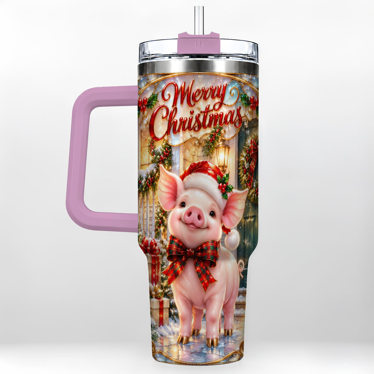 #pl[40oz|Pink] Christmas Pig 40oz Tumbler, Holiday Tumbler, Stainless Steel Travel Cup