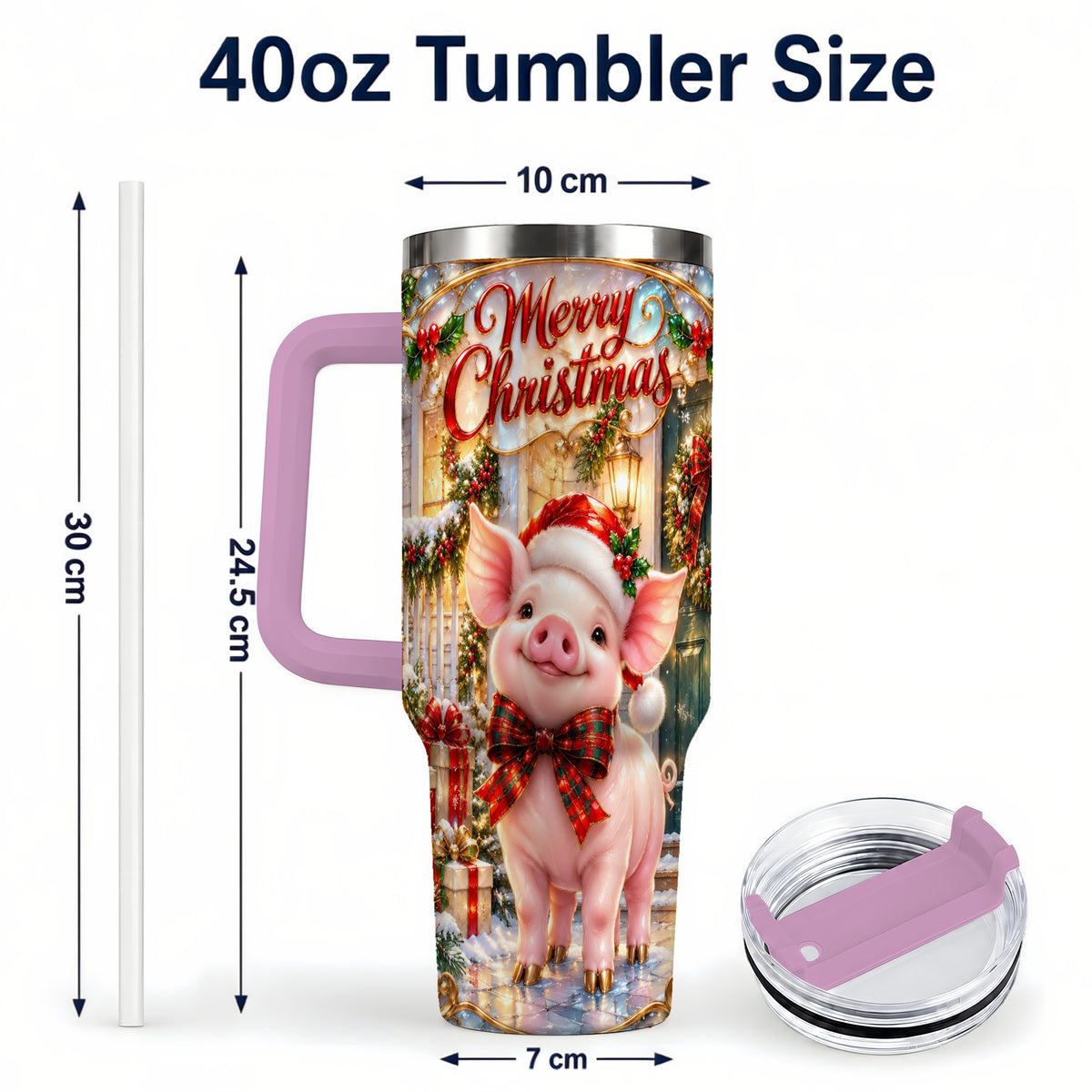 #pl[40oz|Pink] Christmas Pig 40oz Tumbler, Holiday Tumbler, Stainless Steel Travel Cup