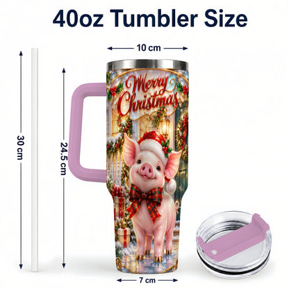 #pl[40oz|Pink] Christmas Pig 40oz Tumbler, Holiday Tumbler, Stainless Steel Travel Cup
