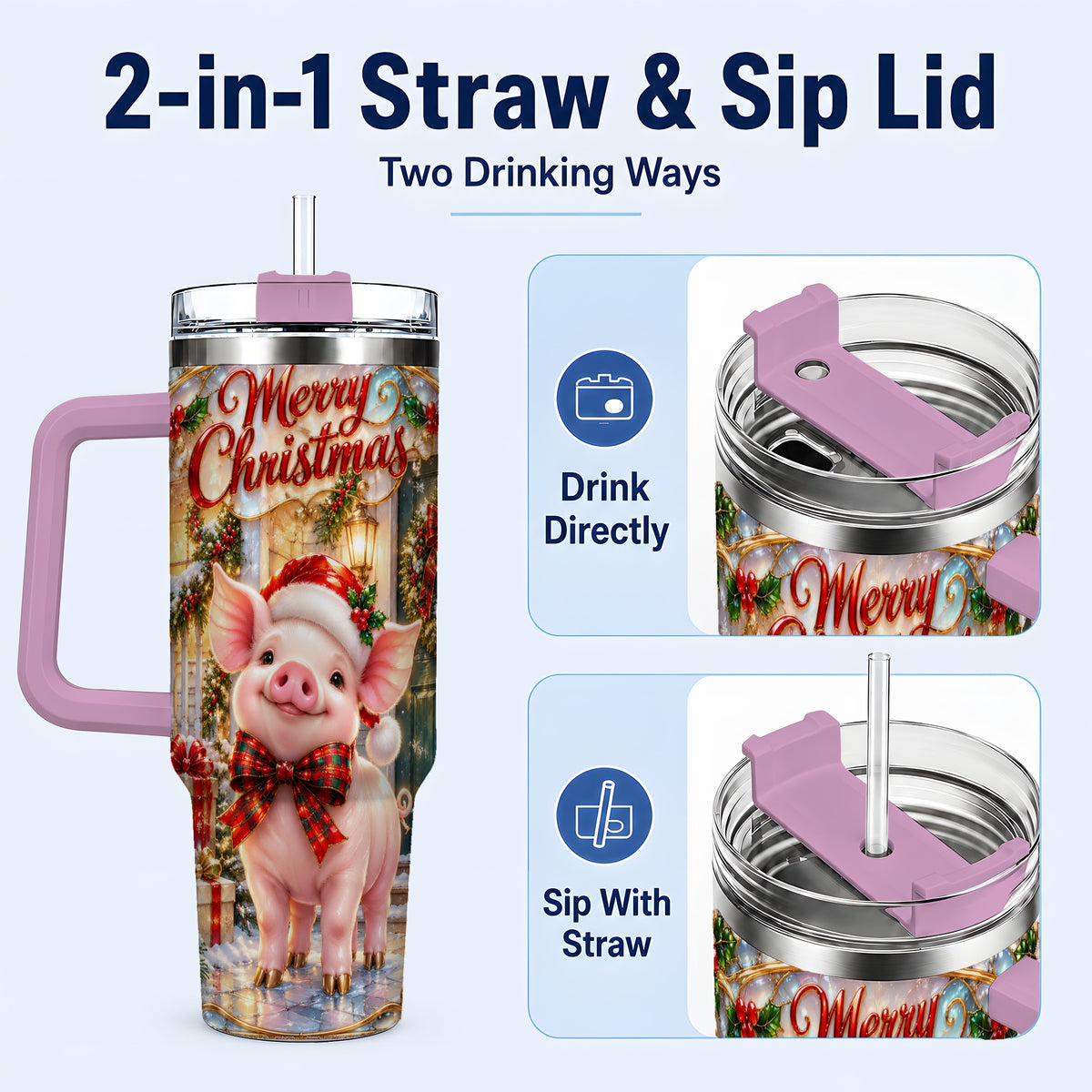 #pl[40oz|Pink] Christmas Pig 40oz Tumbler, Holiday Tumbler, Stainless Steel Travel Cup