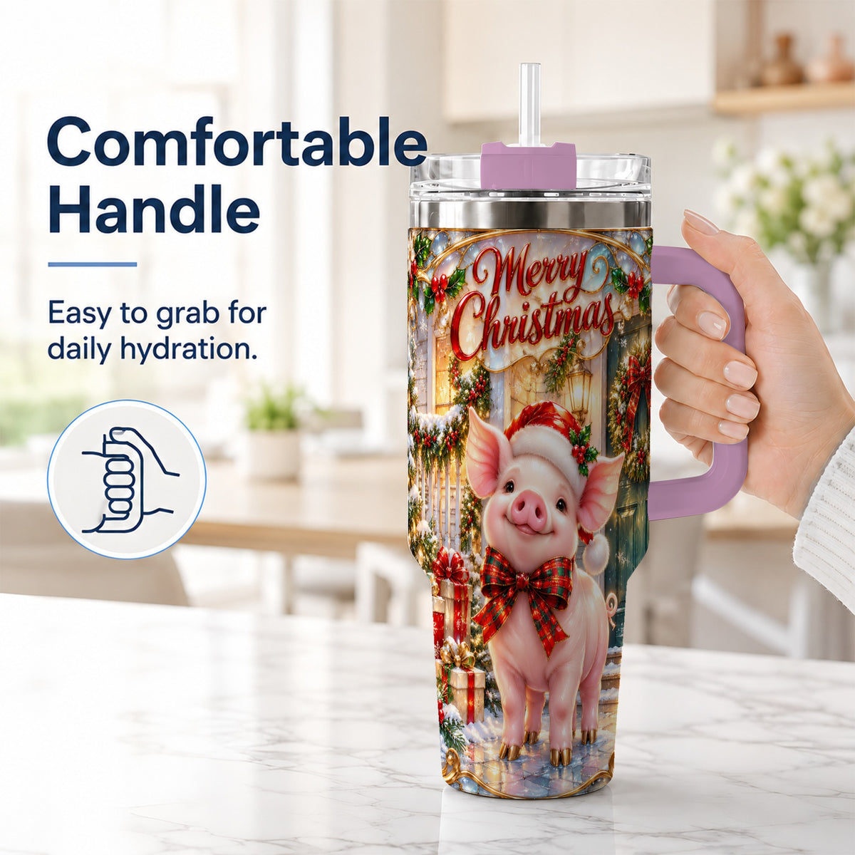 #pl[40oz|Pink] Christmas Pig 40oz Tumbler, Holiday Tumbler, Stainless Steel Travel Cup