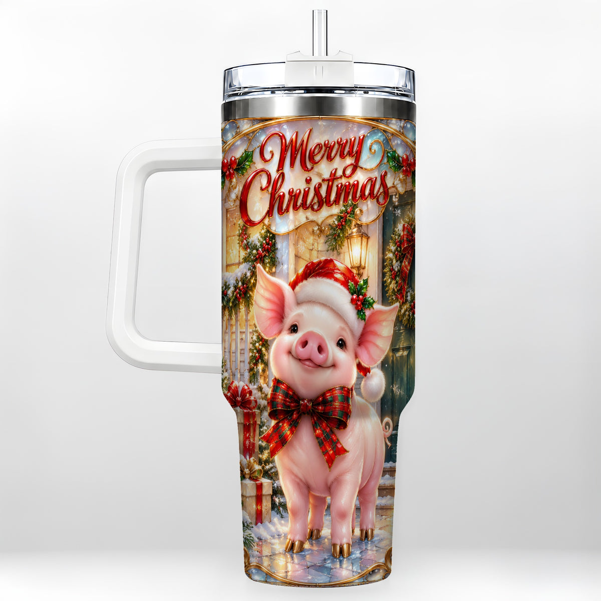 #pl[40oz|White] Christmas Pig 40oz Tumbler, Holiday Tumbler, Stainless Steel Travel Cup