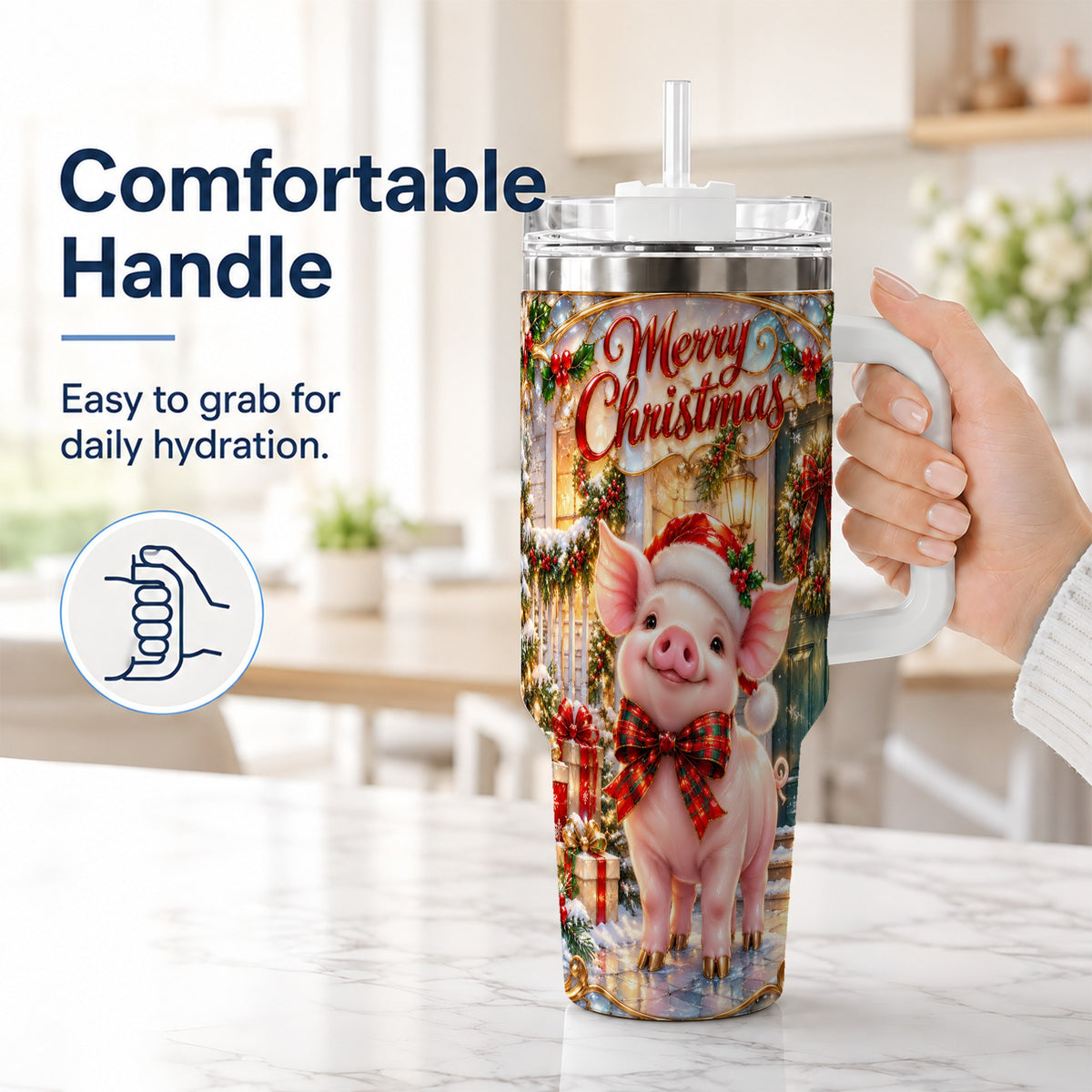 #pl[40oz|White] Christmas Pig 40oz Tumbler, Holiday Tumbler, Stainless Steel Travel Cup
