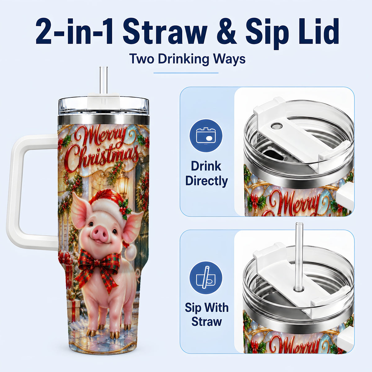 #pl[40oz|White] Christmas Pig 40oz Tumbler, Holiday Tumbler, Stainless Steel Travel Cup