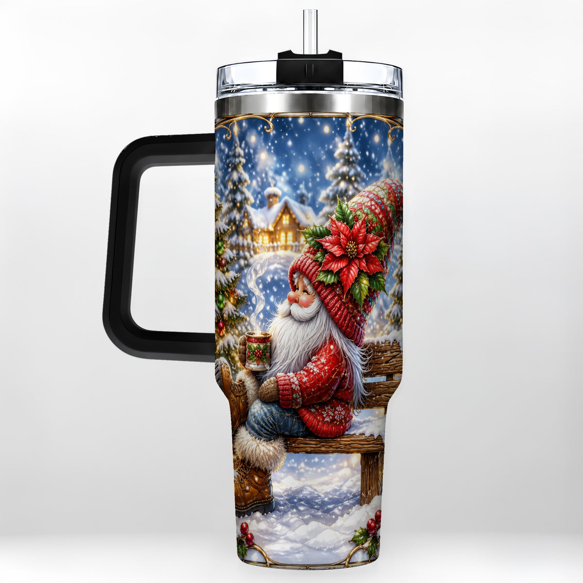 #pl[40oz|Black] Festive Santa 40oz Tumbler with Handle, Winter Stainless Steel Travel Cup