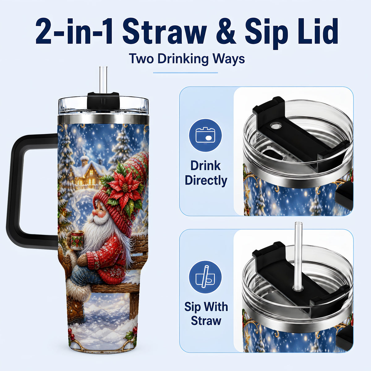 #pl[40oz|Black] Festive Santa 40oz Tumbler with Handle, Winter Stainless Steel Travel Cup