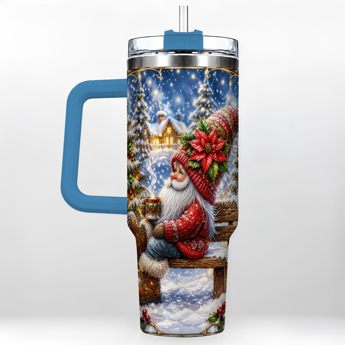 #pl[40oz|Blue] Festive Santa 40oz Tumbler with Handle, Winter Stainless Steel Travel Cup