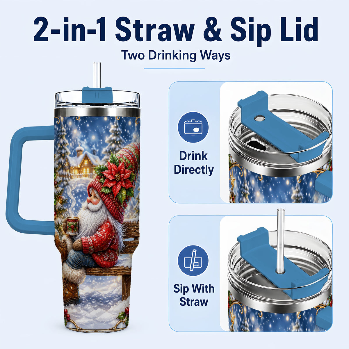 #pl[40oz|Blue] Festive Santa 40oz Tumbler with Handle, Winter Stainless Steel Travel Cup