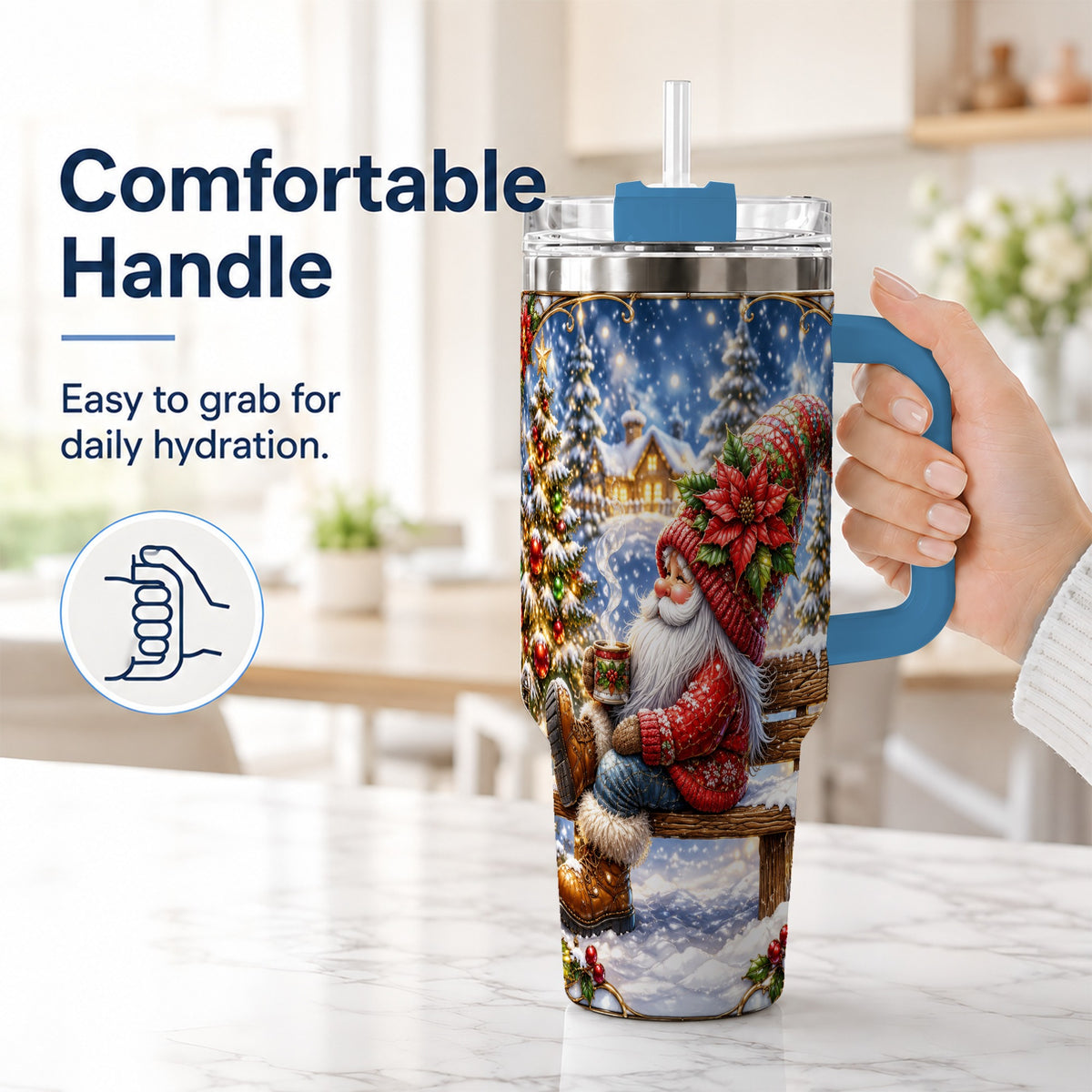 #pl[40oz|Blue] Festive Santa 40oz Tumbler with Handle, Winter Stainless Steel Travel Cup