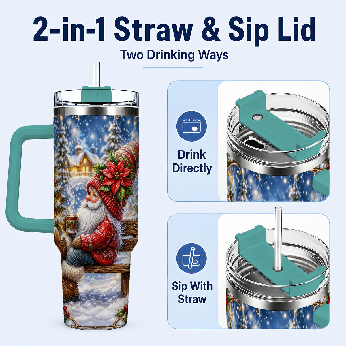 #pl[40oz|Green] Festive Santa 40oz Tumbler with Handle, Winter Stainless Steel Travel Cup