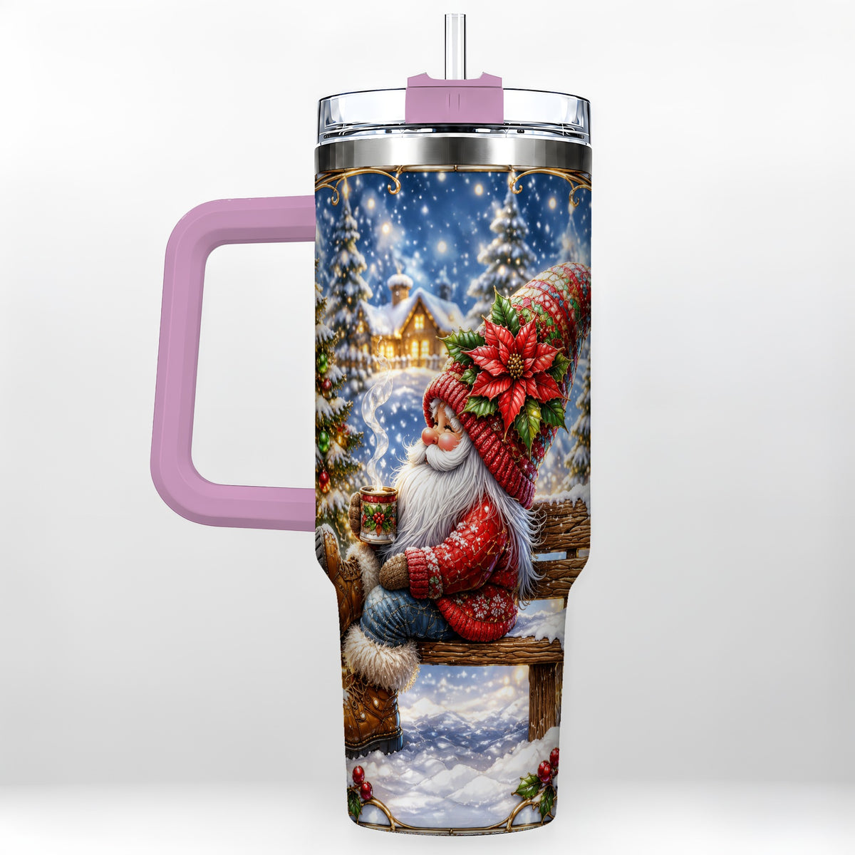 #pl[40oz|Pink] Festive Santa 40oz Tumbler with Handle, Winter Stainless Steel Travel Cup