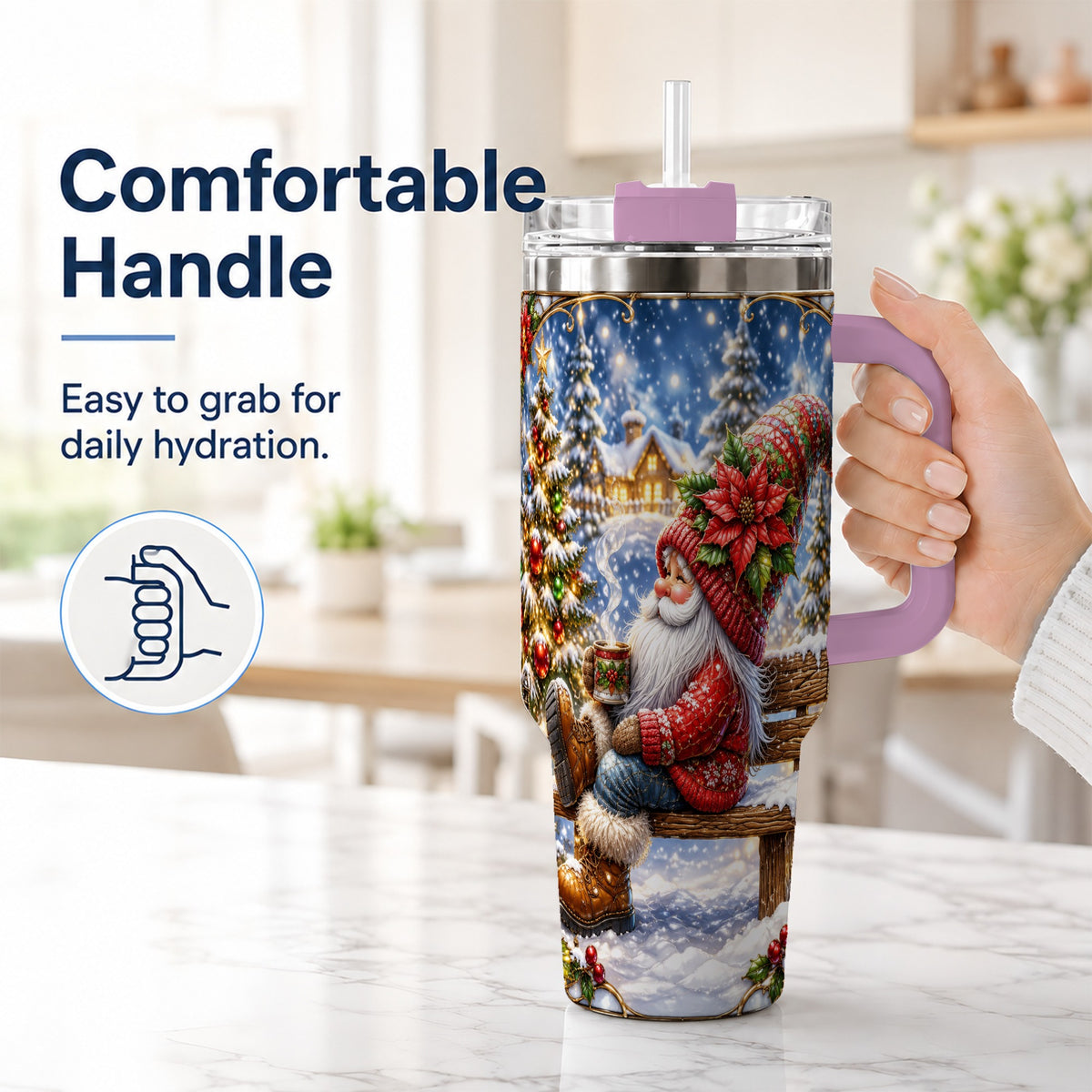 #pl[40oz|Pink] Festive Santa 40oz Tumbler with Handle, Winter Stainless Steel Travel Cup