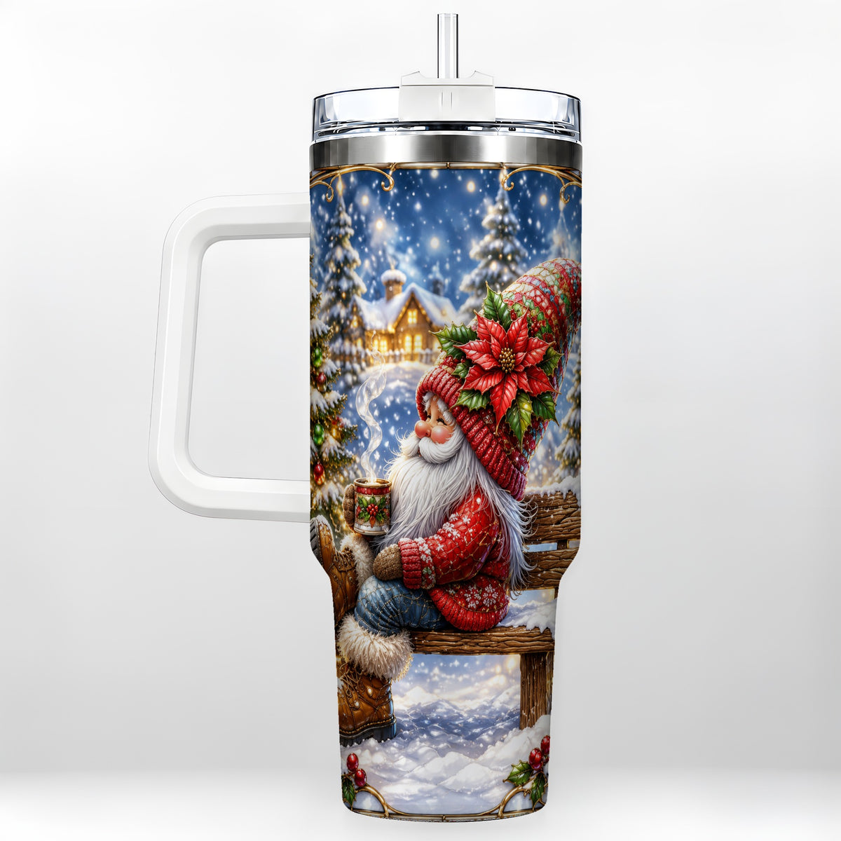 #pl[40oz|White] Festive Santa 40oz Tumbler with Handle, Winter Stainless Steel Travel Cup