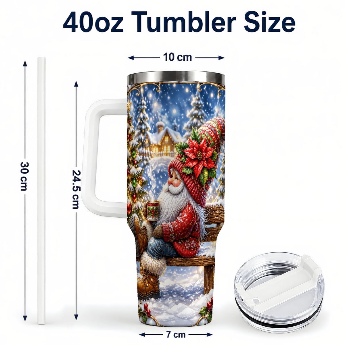 #pl[40oz|White] Festive Santa 40oz Tumbler with Handle, Winter Stainless Steel Travel Cup