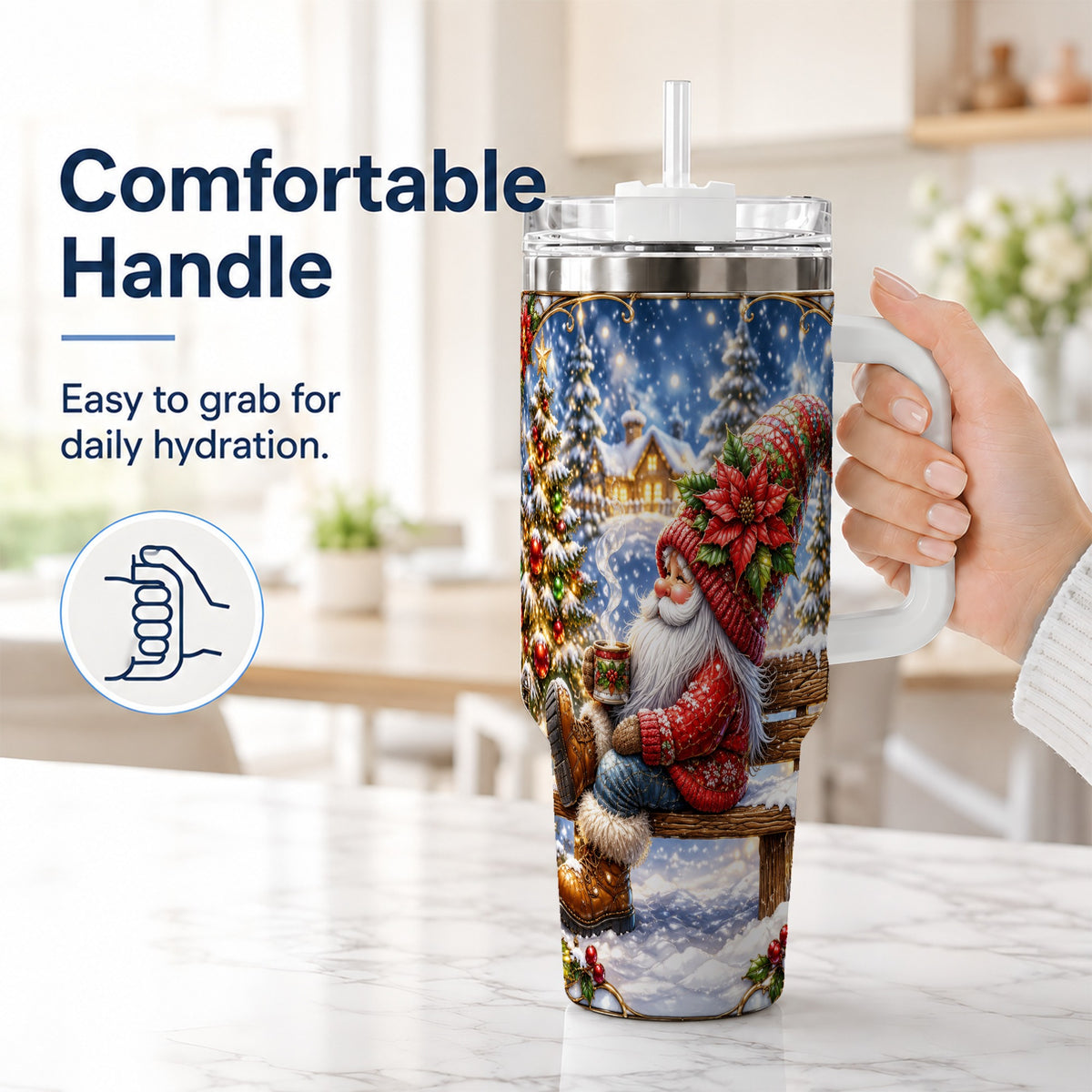 #pl[40oz|White] Festive Santa 40oz Tumbler with Handle, Winter Stainless Steel Travel Cup
