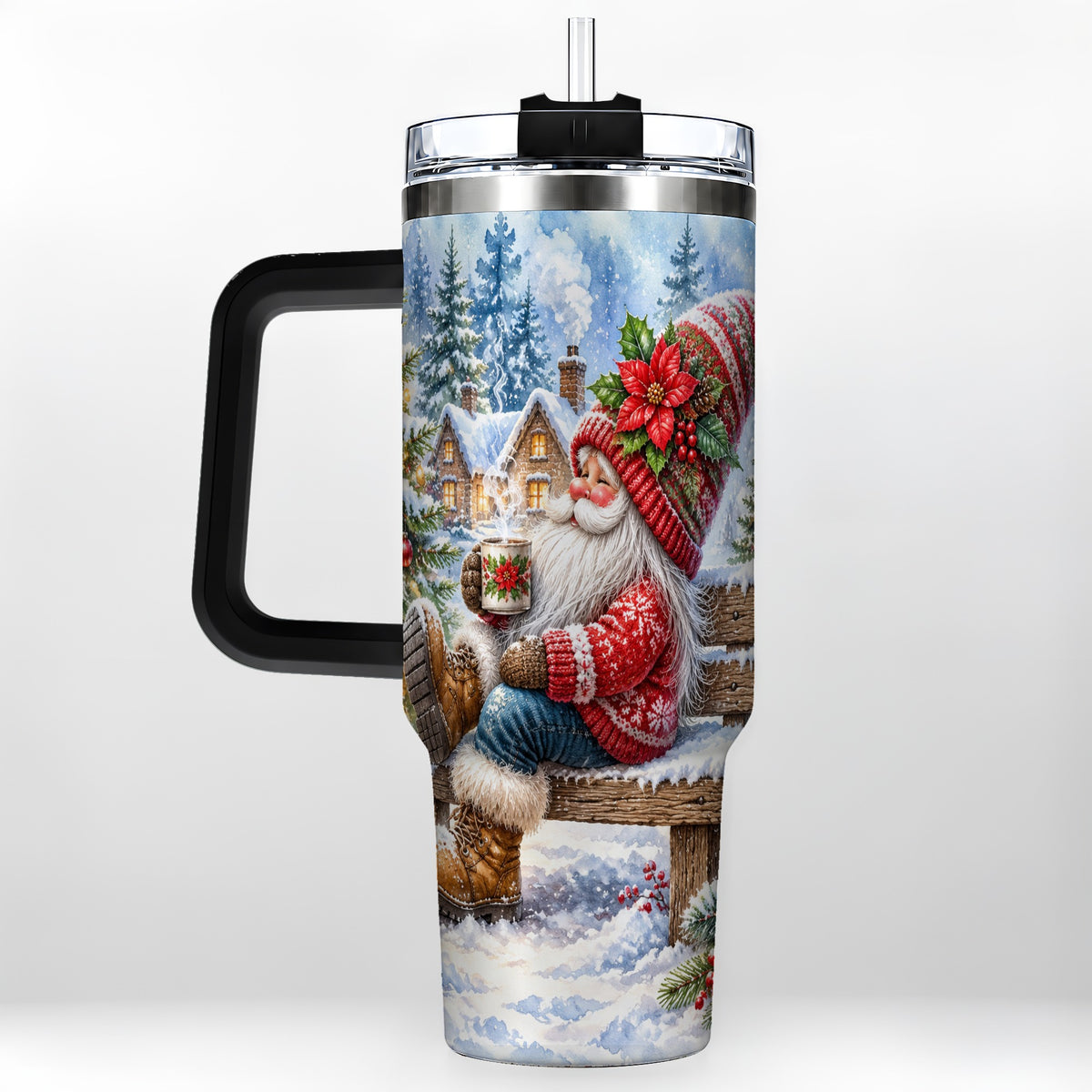 #pl[40oz|Black] Watercolor Santa 40oz Tumbler with Handle, Winter Steel Travel Cup