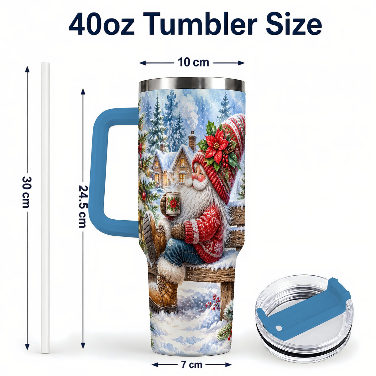 #pl[40oz|Blue] Watercolor Santa 40oz Tumbler with Handle, Winter Steel Travel Cup
