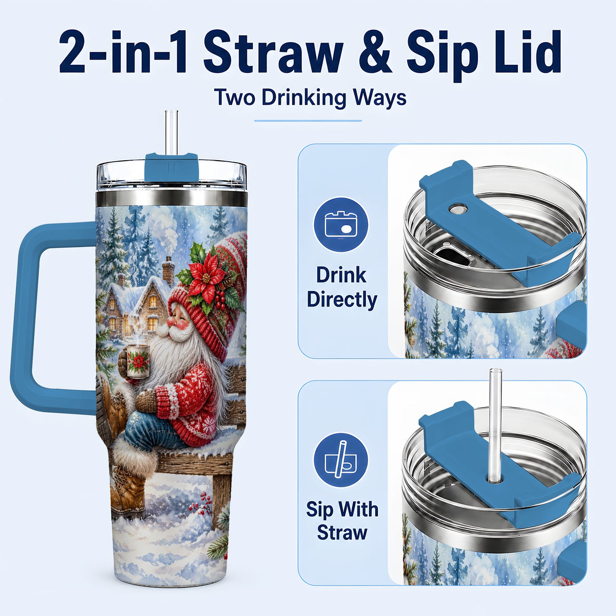 #pl[40oz|Blue] Watercolor Santa 40oz Tumbler with Handle, Winter Steel Travel Cup