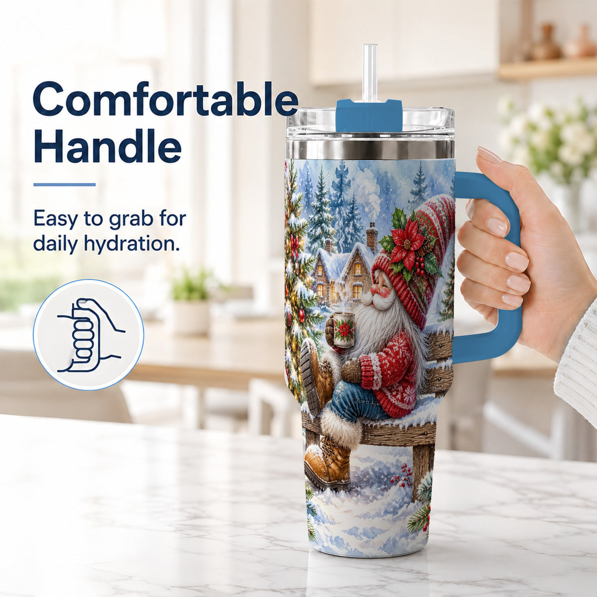 #pl[40oz|Blue] Watercolor Santa 40oz Tumbler with Handle, Winter Steel Travel Cup