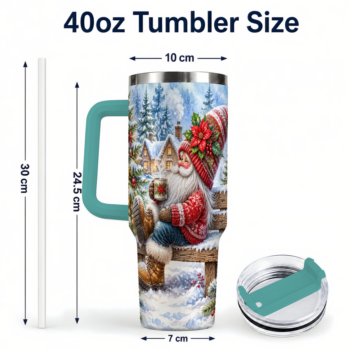 #pl[40oz|Green] Watercolor Santa 40oz Tumbler with Handle, Winter Steel Travel Cup