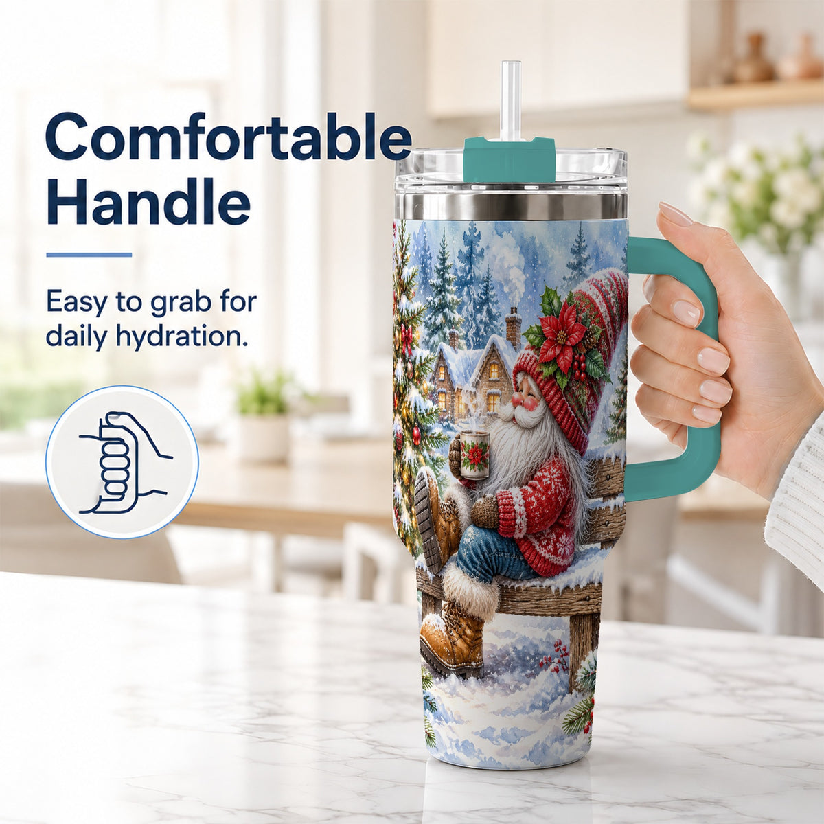 #pl[40oz|Green] Watercolor Santa 40oz Tumbler with Handle, Winter Steel Travel Cup