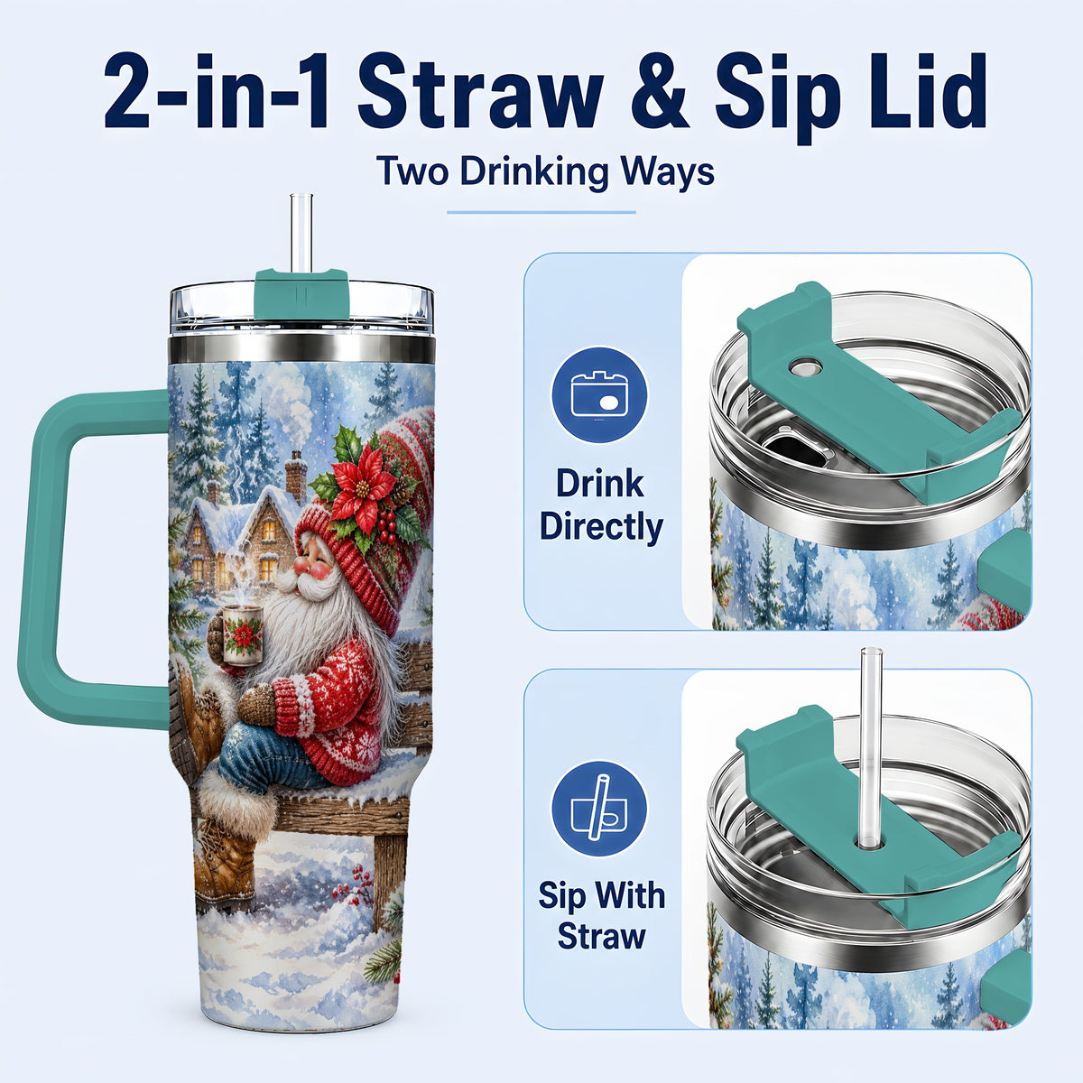#pl[40oz|Green] Watercolor Santa 40oz Tumbler with Handle, Winter Steel Travel Cup