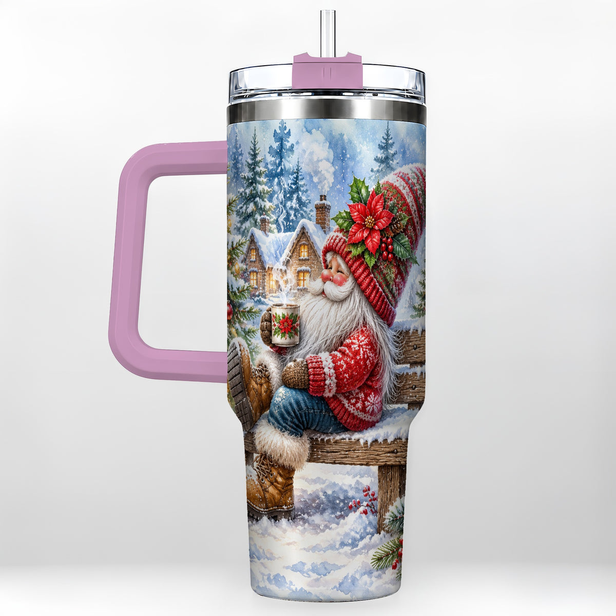 #pl[40oz|Pink] Watercolor Santa 40oz Tumbler with Handle, Winter Steel Travel Cup