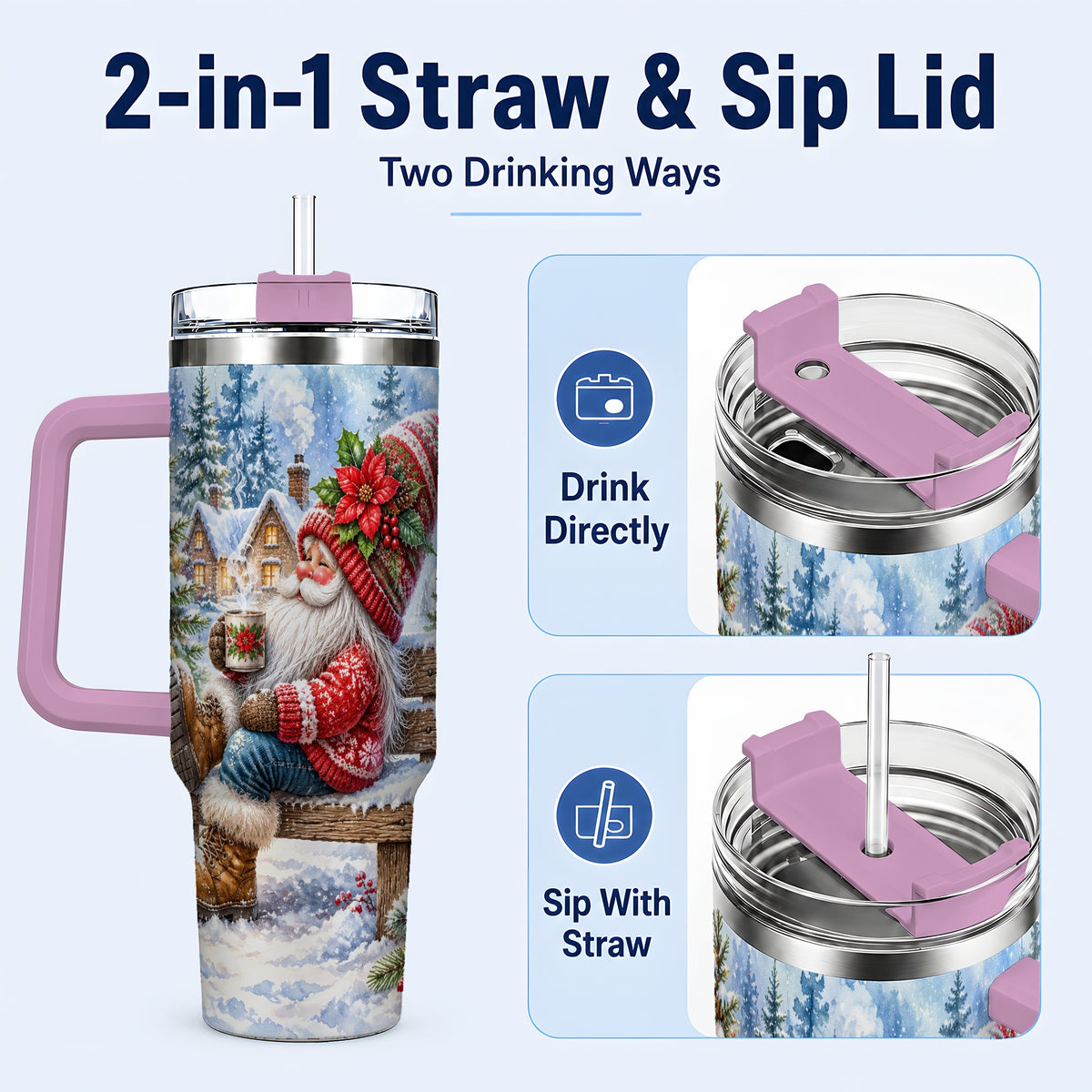 #pl[40oz|Pink] Watercolor Santa 40oz Tumbler with Handle, Winter Steel Travel Cup